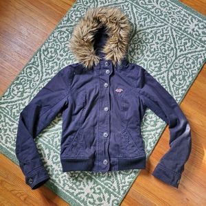 Hollister Navy Medium Jacket w/ Detachable Fur